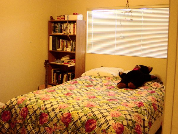 My neatly made bed and bear named Geronimo.